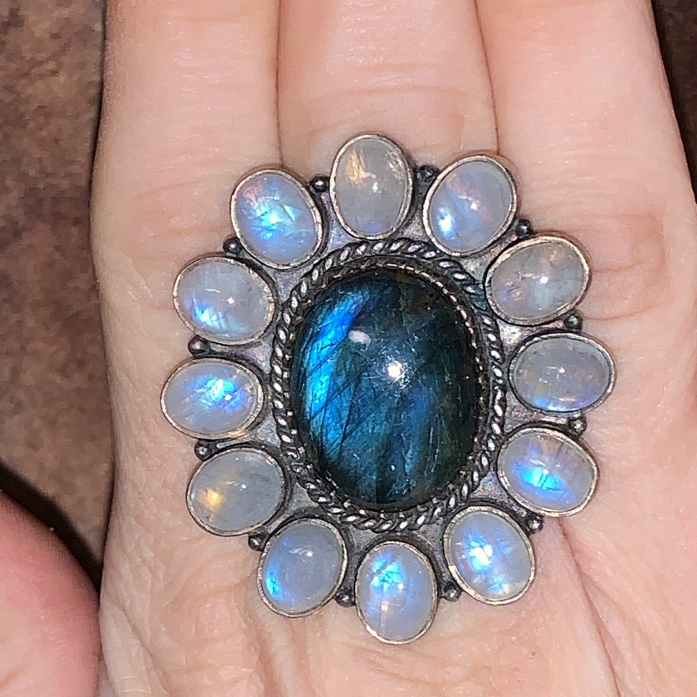 Labradorite & Moonstone sterling silver adjustable cluster Ring